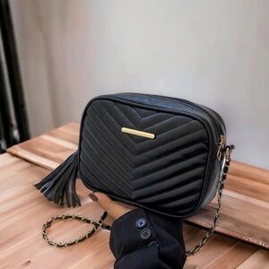 Black Quilted Crossbody Bag with Tassel